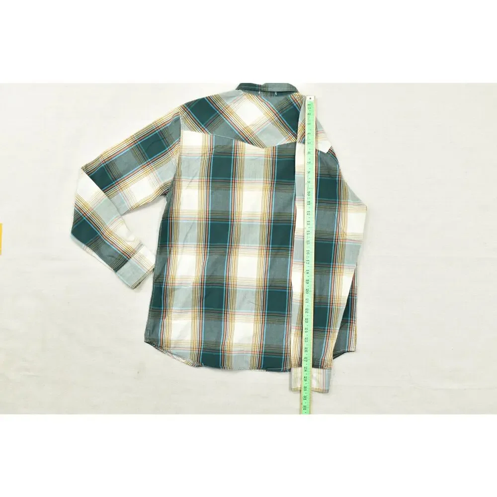 Levi's Western Pearl Snap Shirt Mens Medium Green Orange Plaid Long Sleeve Stand